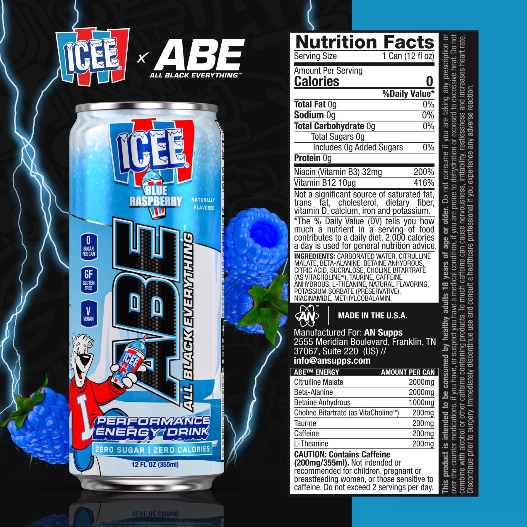ABE x ICEE® Performance Pre - Workout Drink - Blue Raspberry - 12 Pack - AN Supps