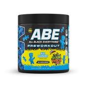 ABE Pre-Workout tub in Blue Raspberry, 390g, front of label