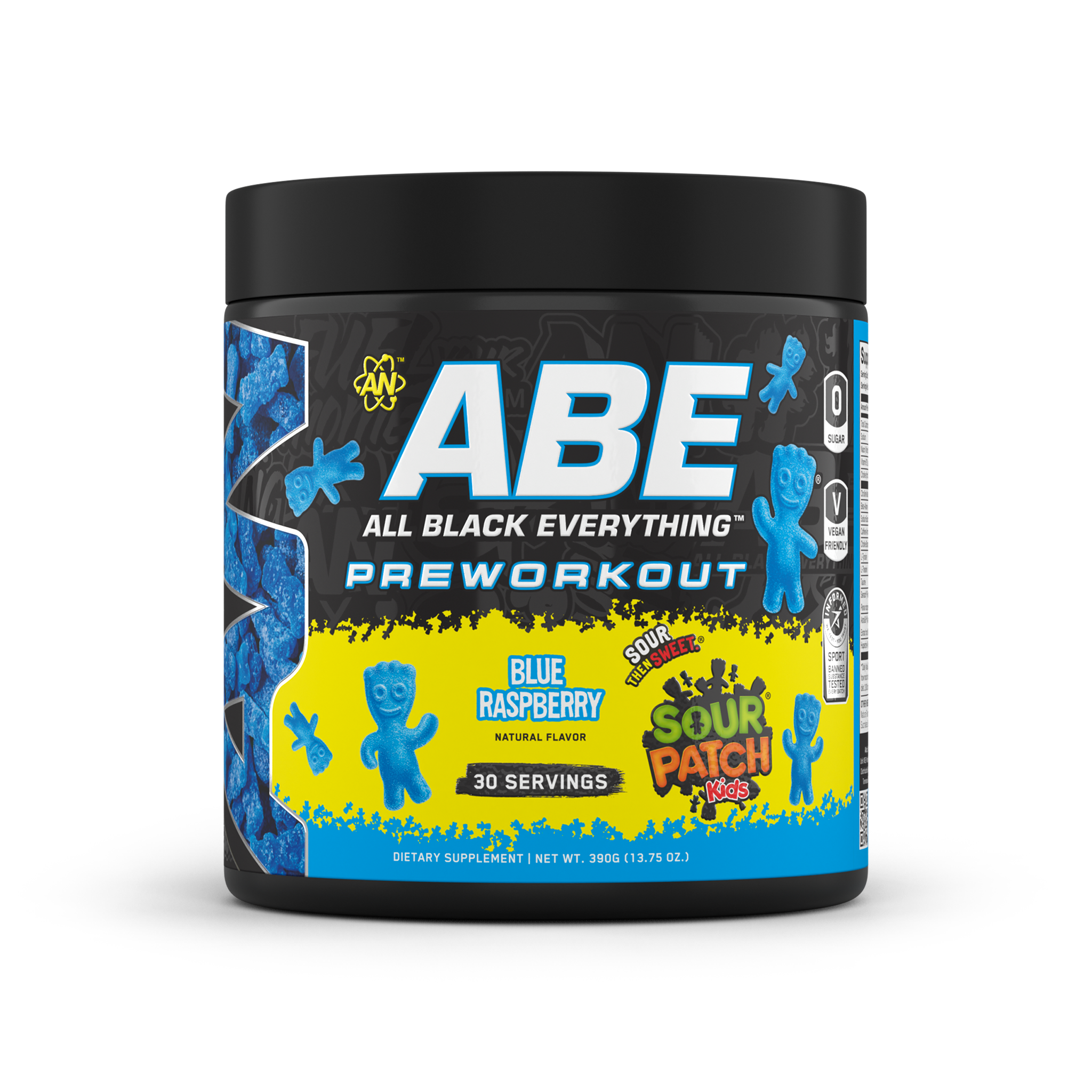 ABE Pre-Workout tub in Blue Raspberry, 390g, front of label