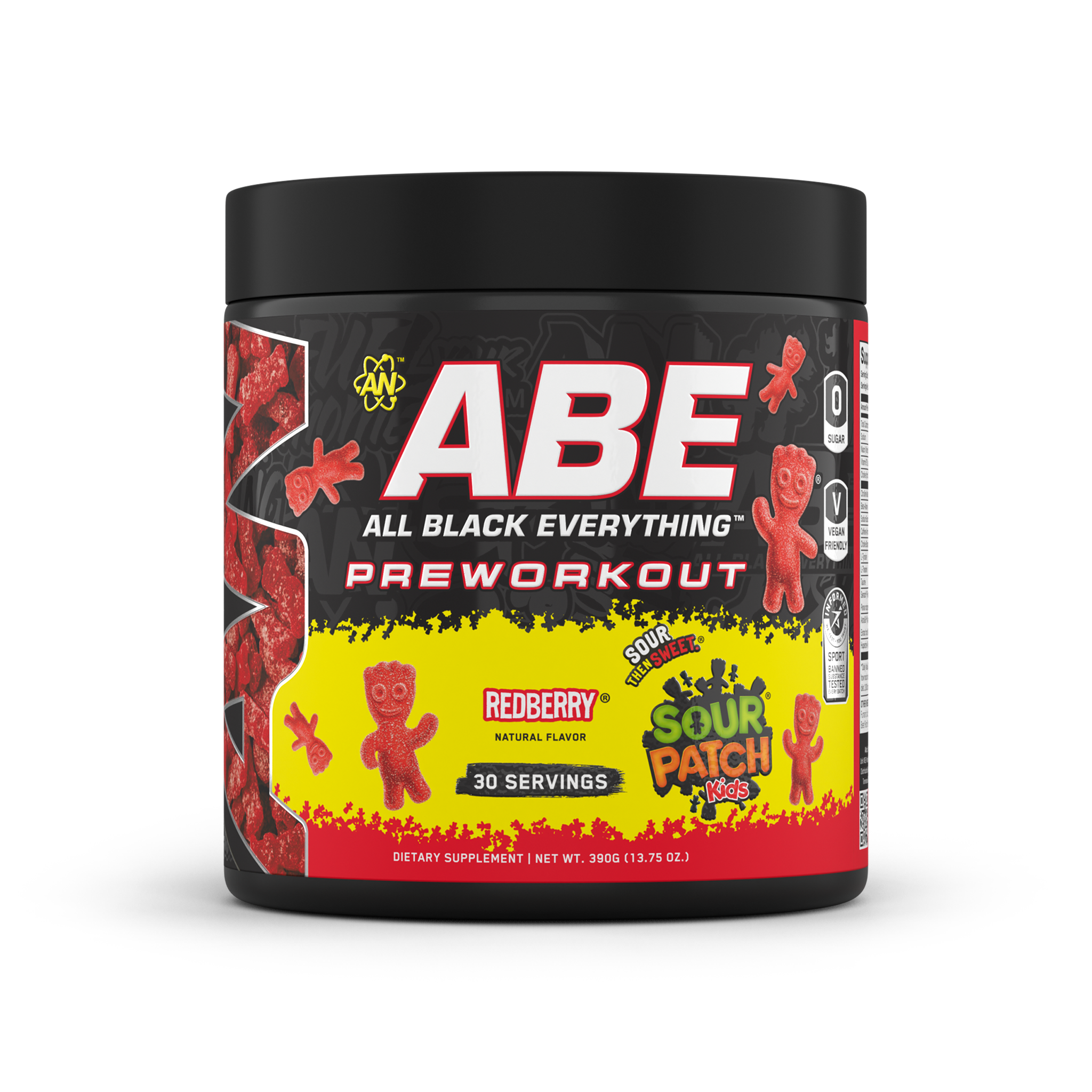 ABE Pre-Workout tub in Redberry, 390g, front of label
