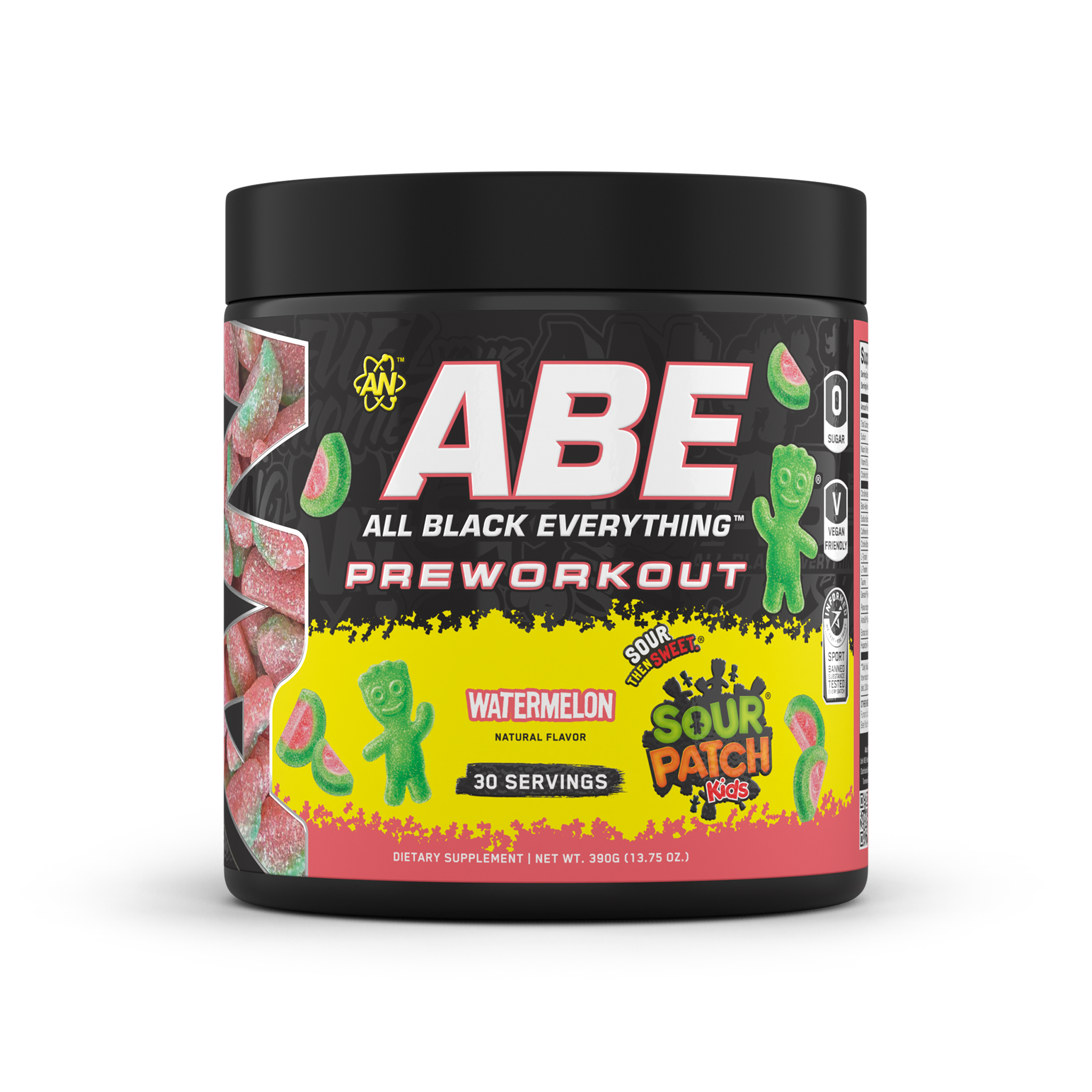ABE Pre-Workout tub in Watermelon, 390g, front of label
